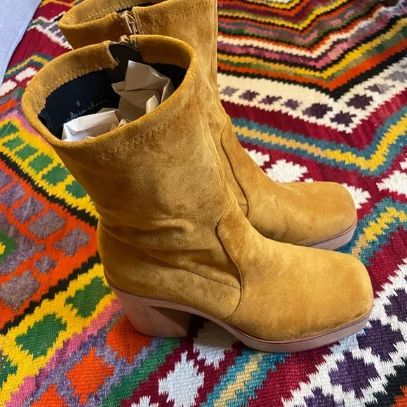 Charlotte Stone Vegan Suede Platform Ankle Boots - Mustard Yellow 8 - Picture 4 of 7